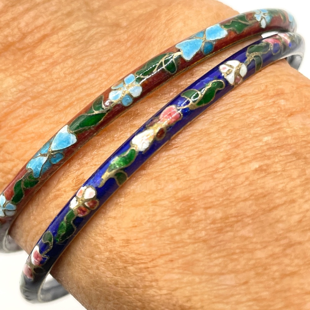 Vintage Cloisonne Skinny Stacking Bangle Bracelets Lot 2